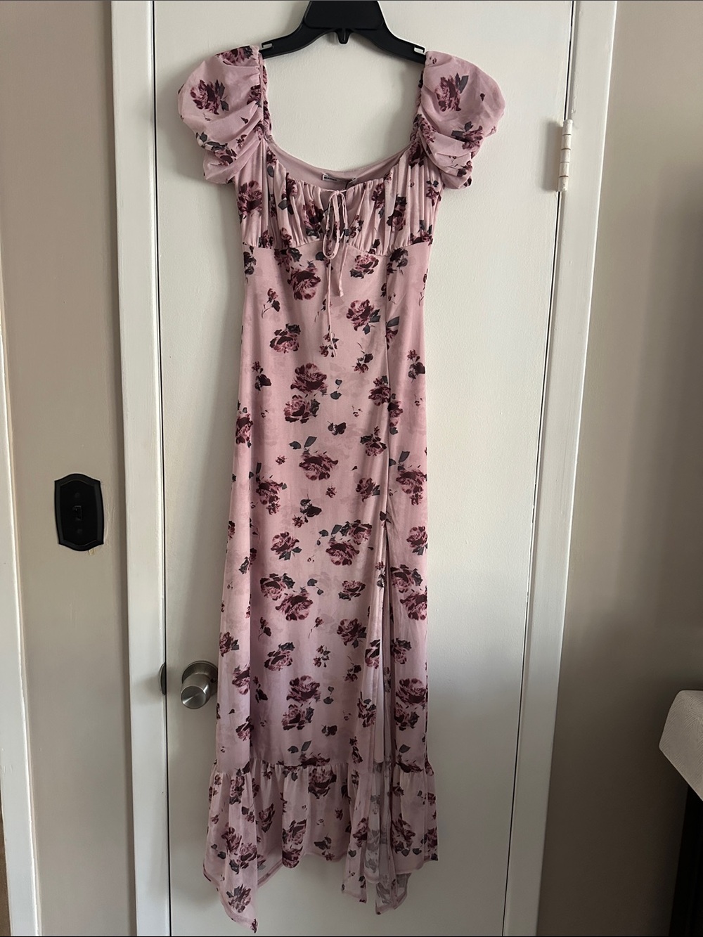 Bershka Pink Floral Maxi Dress with Puff Sleeves